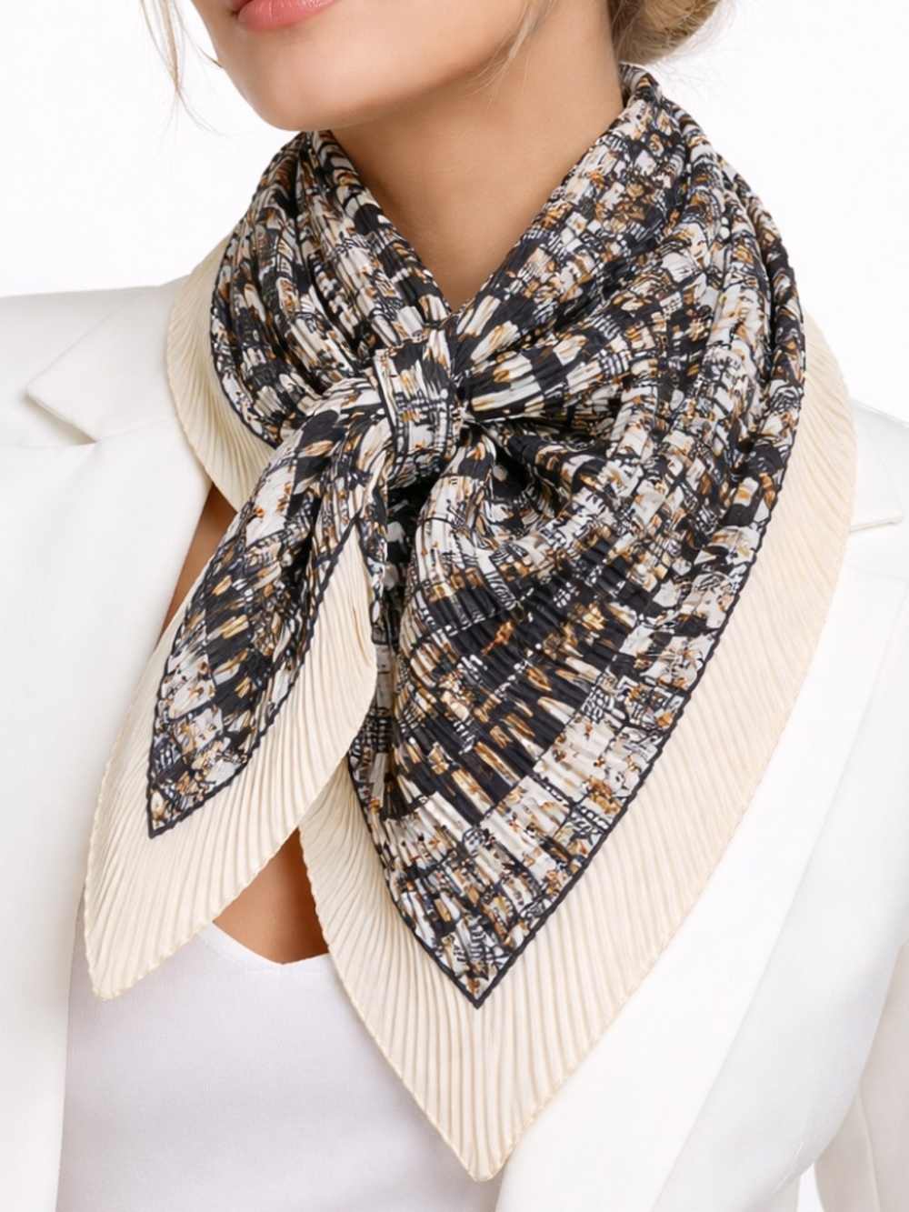 Elegant Checked Silk-Feel Scarf in Black, White & Gold